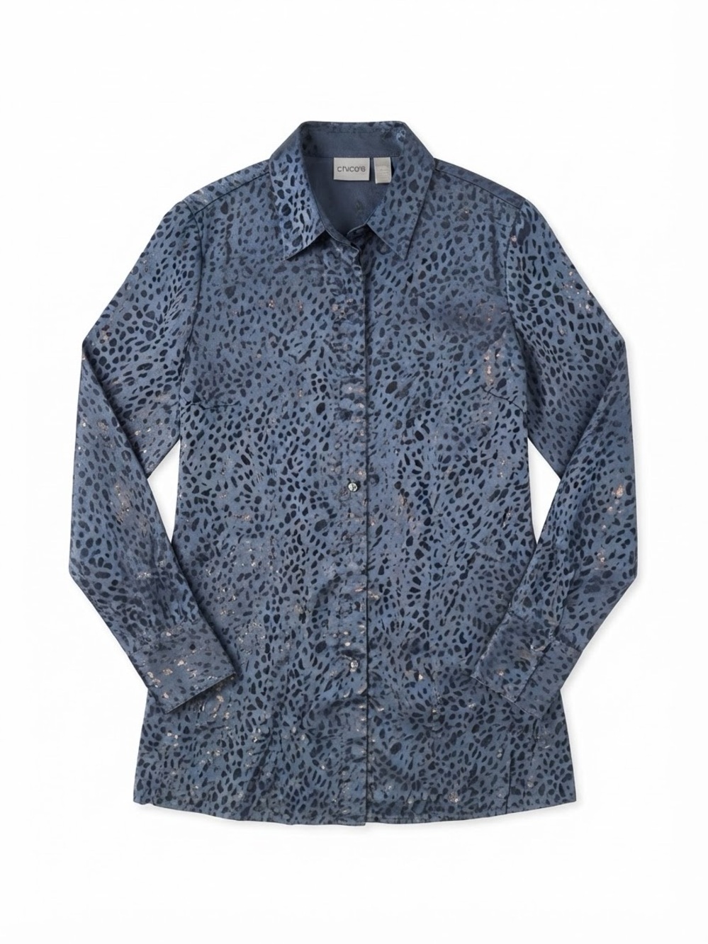 Chico’s Blue Metallic Animal Print Button-Down Collared Blouse Shirt (Size 0)